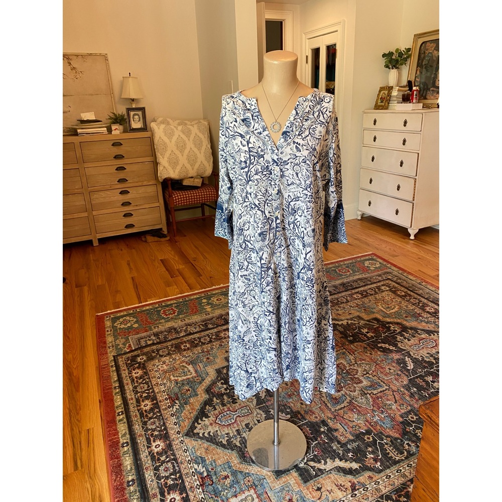 BIBA‎ Blue White Floral Botanical Tunic Midi Dress Split V-Neck Size 38
